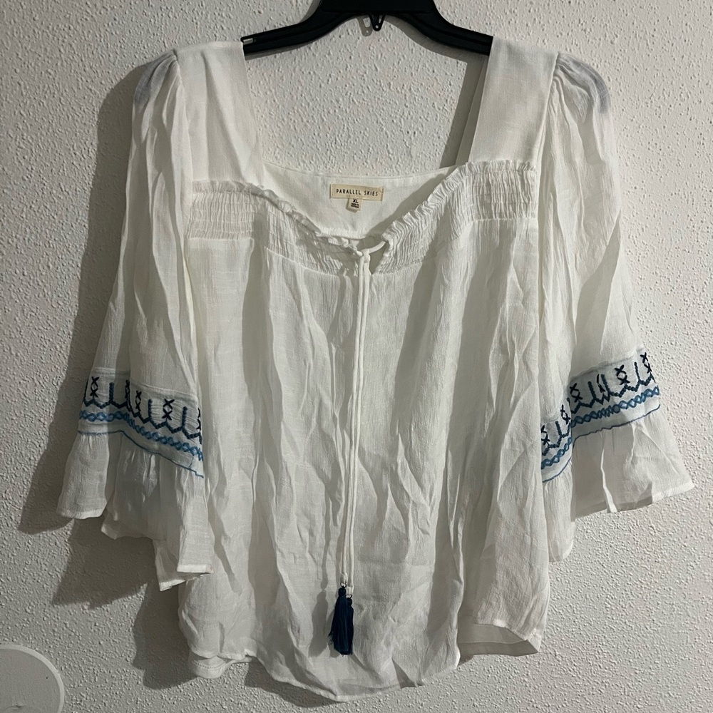 Parallel Threads White Peasant Blouse With Blue E… - image 2